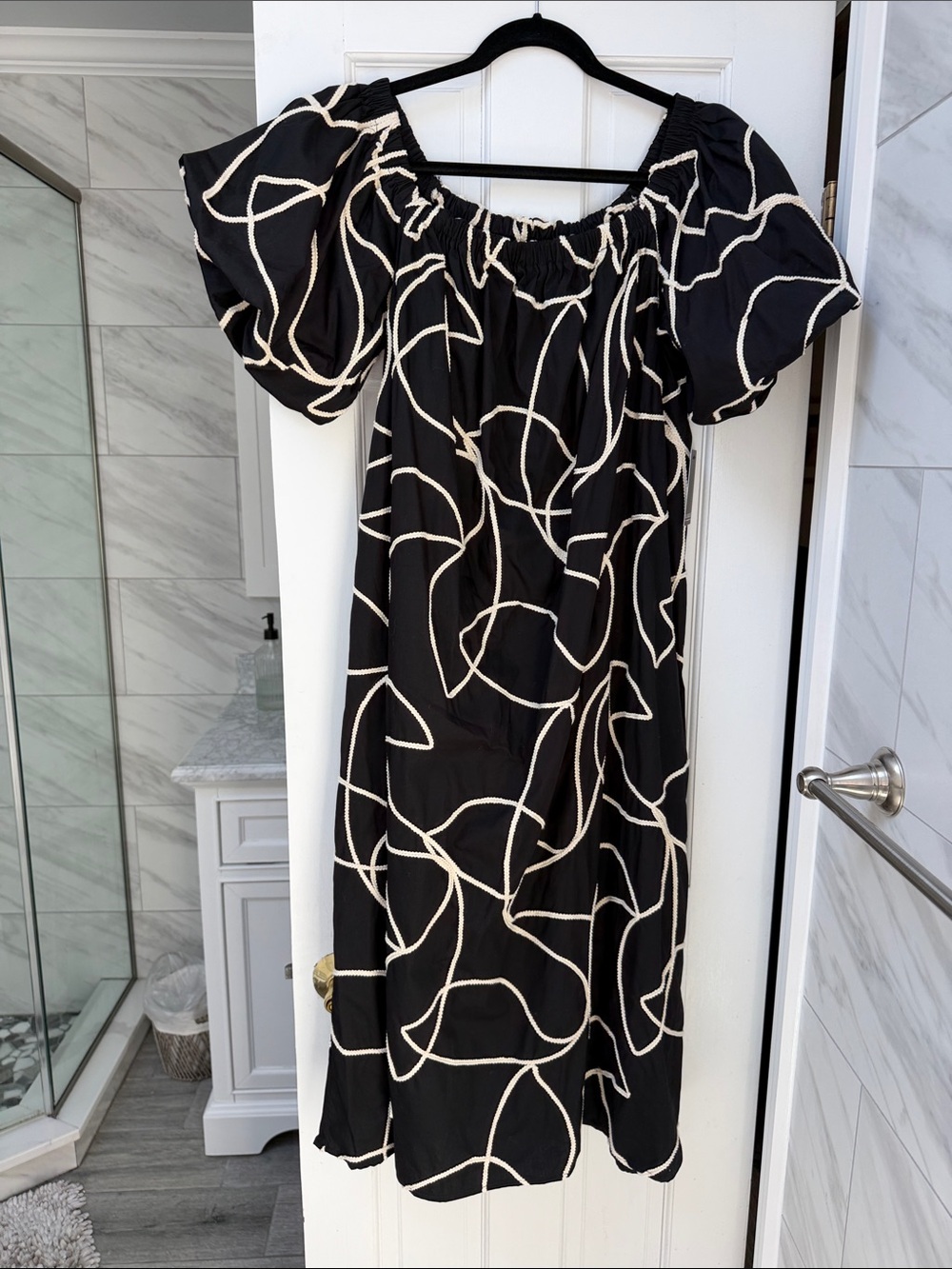 ELOQUII Black Graphic-Print Puff-Sleeve Midi Dress NWT